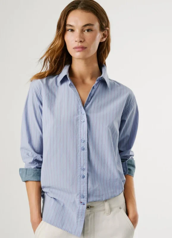 PEPE JEANS REGULAR FIT STRIPED POPLIN SHIRT BLUE ΓΥΝΑΙΚΕΙΑ ΜΠΛΕ ΠΟΥΚΑΜΙΣΟ