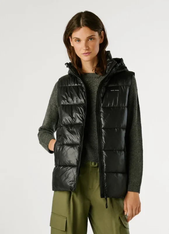 PEPE JEANS WATERPROOF PADDED WAISTCOAT BLACK ΓΥΝΑΙΚΕΙΑ ΑΜΑΝΙΚΟ ΜΑΥΡΟ