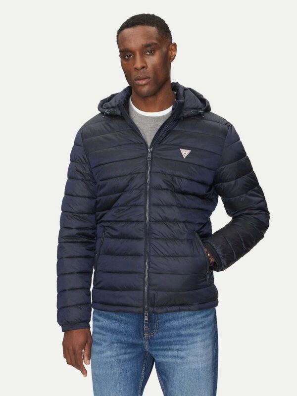 GUESS JEANS NYLON HOODED PUFFER JACKET MAN NAVY ΑΝΔΡΑΣ ΜΠΟΥΦΑΝ ΜΠΛΕ