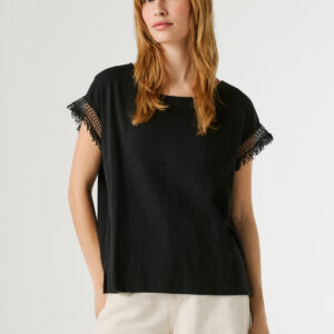 PEPE JEANS CREW NECK T-SHIRT FRINGES BLACK ΓΥΝΑΙΚΕΙΑ ΜΠΛΟΥΖΑ ΜΑΥΡΗ