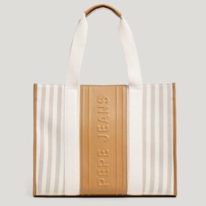 PEPE JEANS  STRIPED SHOPPER BAG BEIGE ΓΥΝΑΙΚΕΙΑ ΤΣΑΝΤΑ ΚΑΦΕ